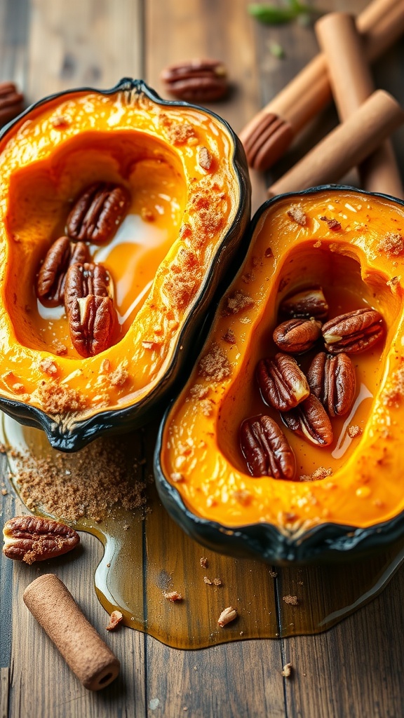 A halved acorn squash cooked in an air fryer, topped with pecans and maple syrup on a wooden table.